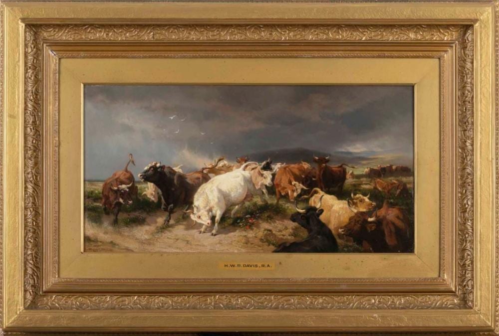 Henry William Banks Davis comparable auction result: henry william banks davis 1833 1914 vacas leo sobre madeira assinado e datado de 1871 dim aprox 30 x 58 cm