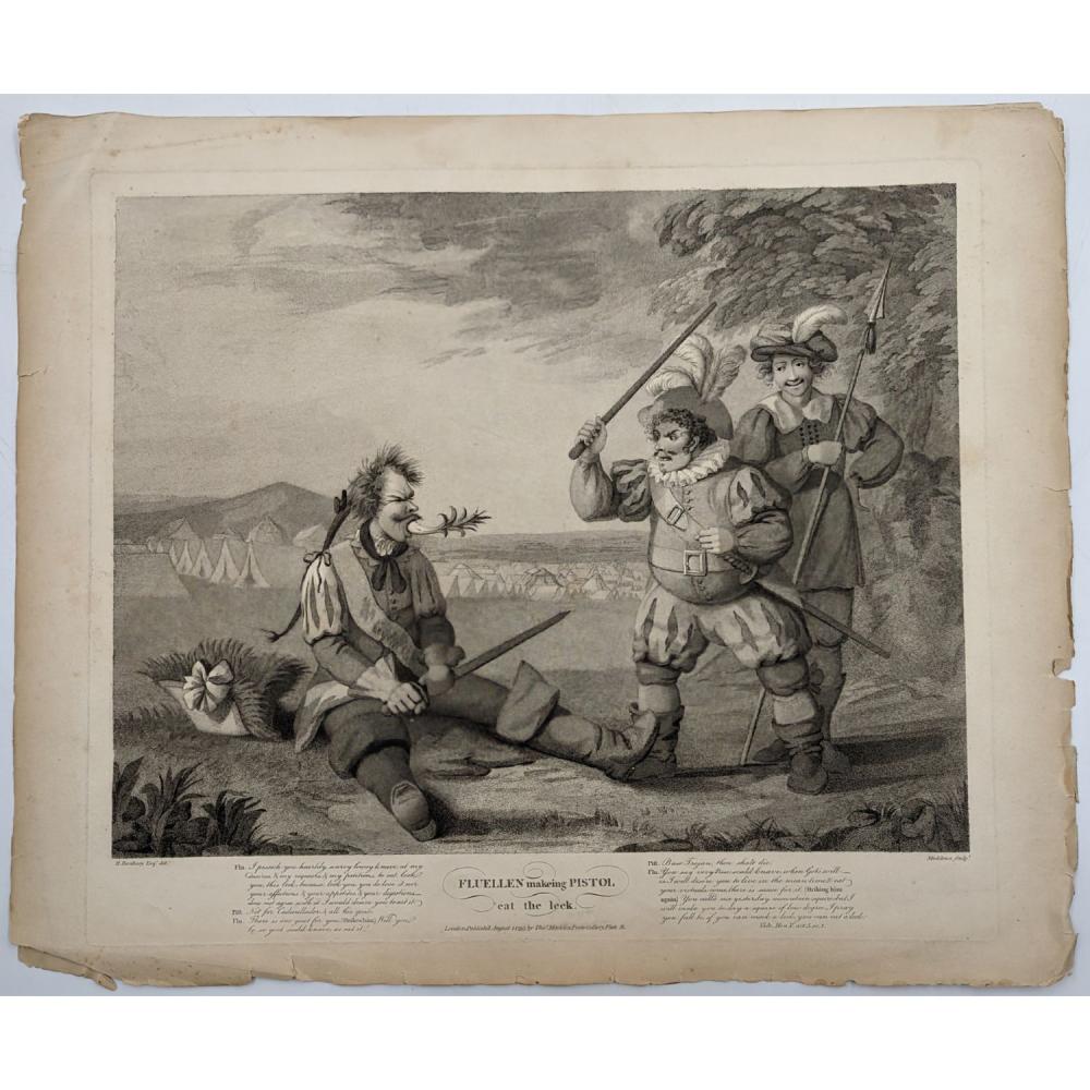 WILLIAM HENRY BUNBURY 1750-1811 ETCHING "FLUELLEN MAKEING PISTOL EAT THE LEEK" sold by RB Fine Arts, lot 189 — auction record photograph