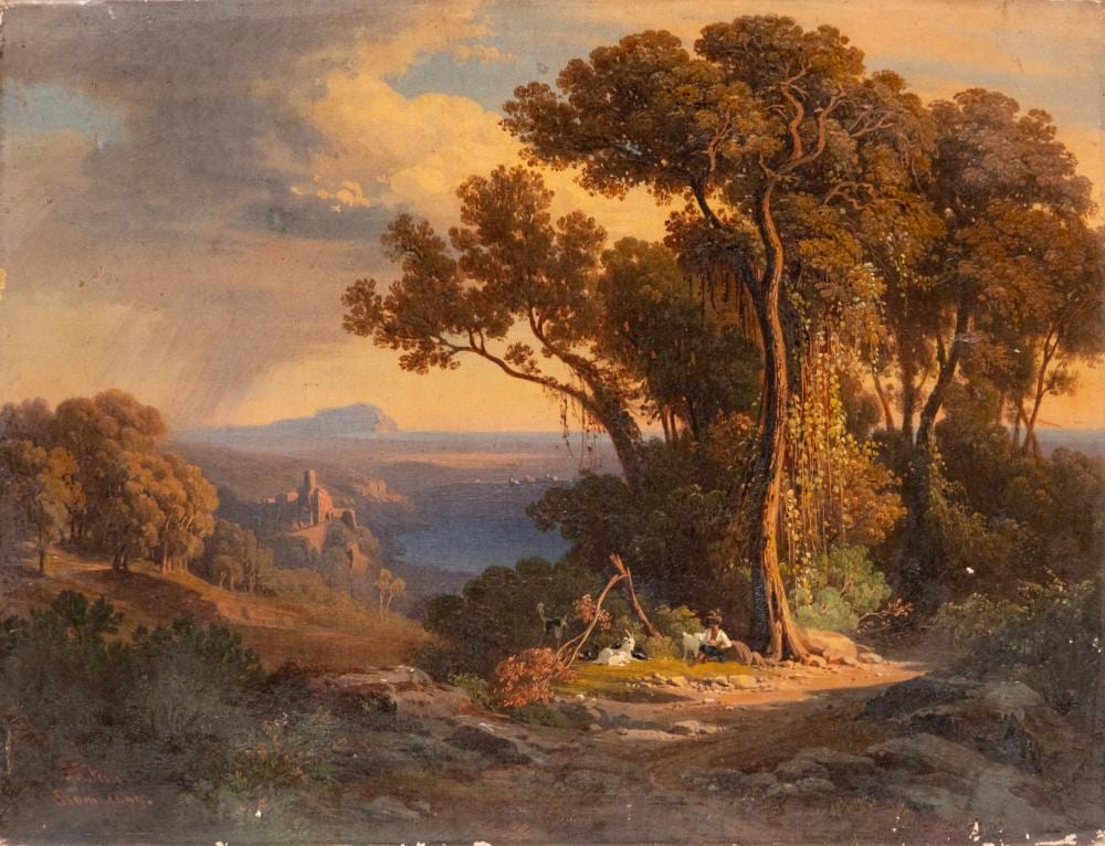 signed Johann Jakob Frey signed Small Landscape oil on Canvas Painting circa 1850 sold by Collective Hudson, LLC, lot 434 — auction record photograph