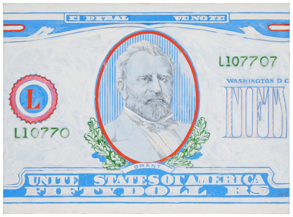 robert dowd 1936 1996 ulysses s grant 50 dollar bill oil on canvas 42 h x 58 w · John Moran Auctioneers · 2023-06-13 Robert Dowd comparable auction result: robert dowd 1936 1996 ulysses s grant 50 dollar bill oil on canvas 42 h x 58 w