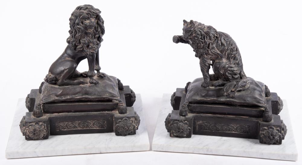 Jacques Caffieri comparable auction result: pair of bronze statues featuring a poodle and persian cat both on marble bases after jacques caffieri