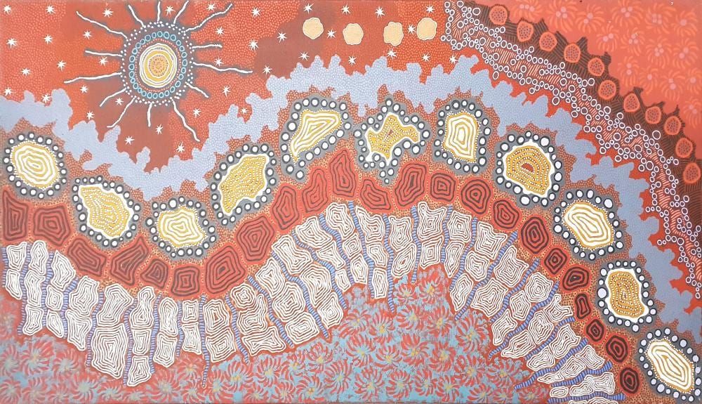 Colorful Aboriginal-style dot and line artwork with red, orange, and white patterns, circular motifs, and star-like specks across the sky.