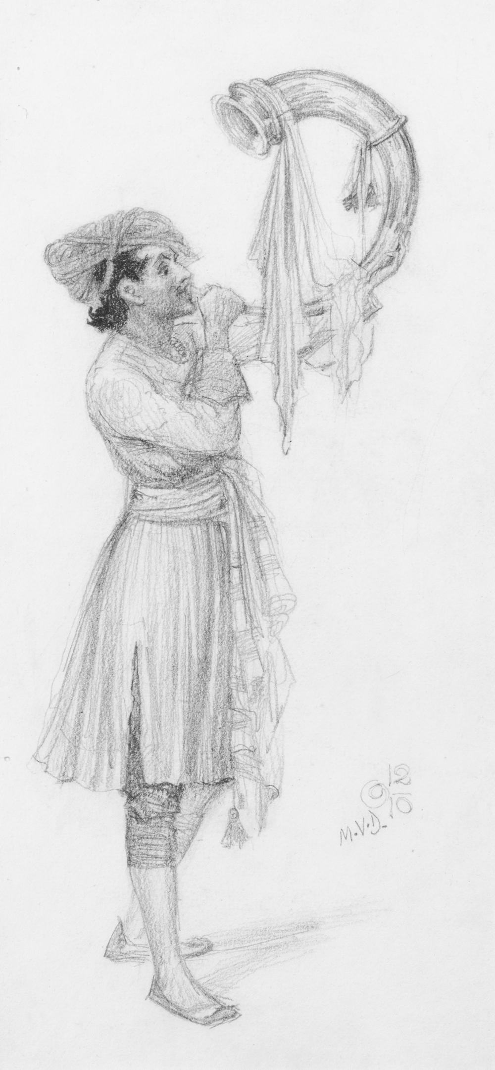 M. V. Dhurandhar comparable auction result: mahadev viswanath dhurandhar india 1867 1944 two drawings a maratha warrior with a tutari or chieftain s horn a girl carrying a matka the first dated 1910 2