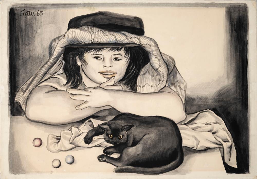 Enrique Grau - Mujer con gato comparable sale