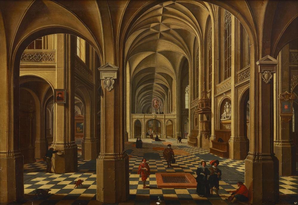 Bartholomeus van Bassen comparable auction result: bartholomeus van bassen the hague 1590 1652 a church interior with elegant figures and dogs 42 1 4 x 62 1 4in 107 3 x 158 11cm