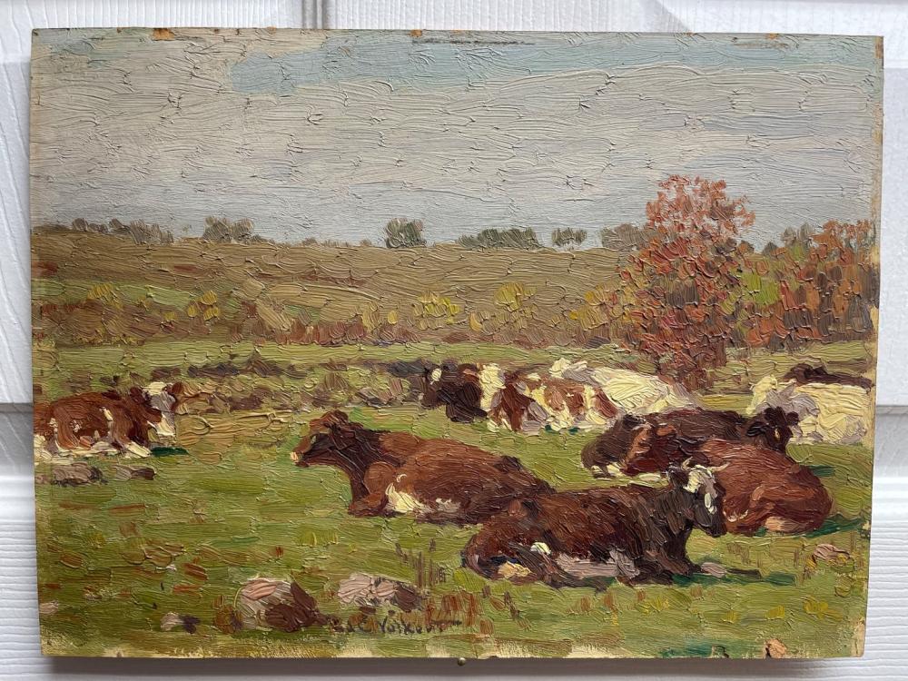 Edward Volkert comparable auction result: edward volkert american 1871 1935 oil on board cows in a pasture titled contentment 9 1 4 x 12 inches overall framed size 11 3 4 x 14 3 4 inches
