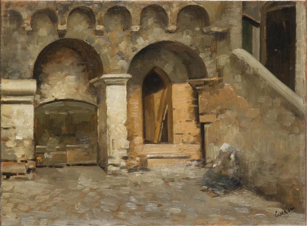 Temistocle Lamesi comparable auction result: temistocle lamesi rome 1870 1957 courtyard with peasant