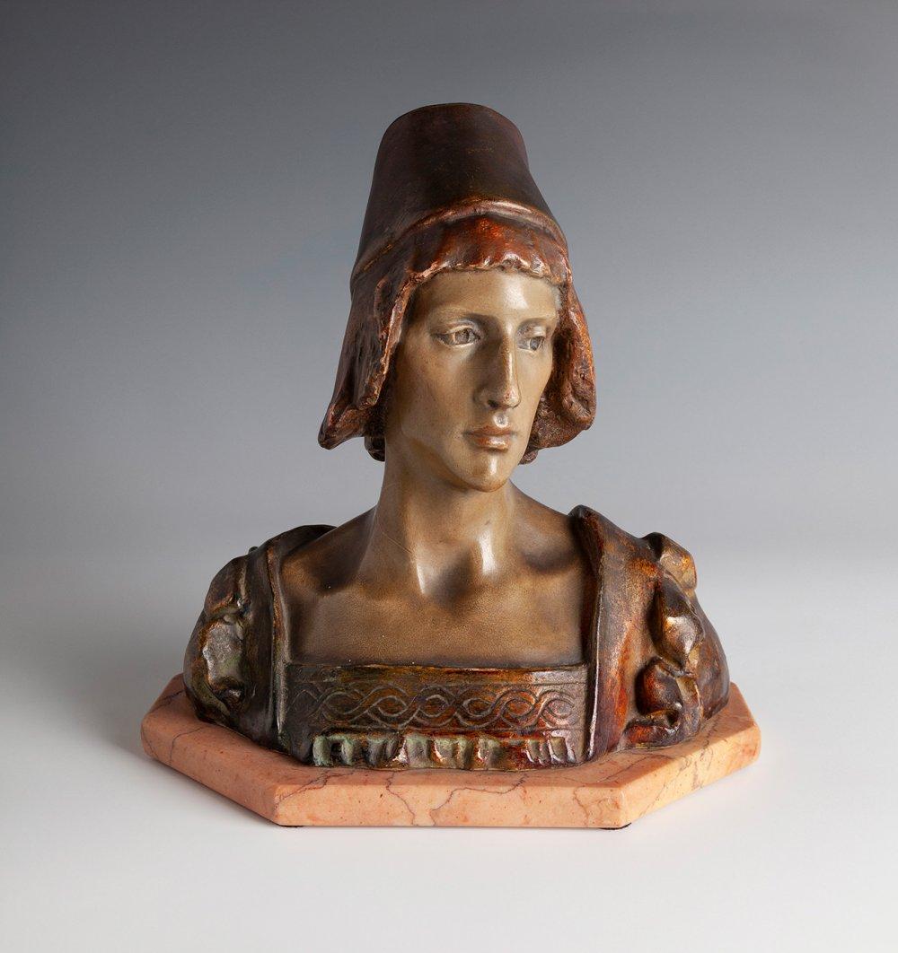 Josep Llimona Bruguera comparable auction result: josep llimona bruguera barcelona 1864 1934 florentine page boy patinated stucco marble pedestal no signature stamp of esteve cia numbered 90