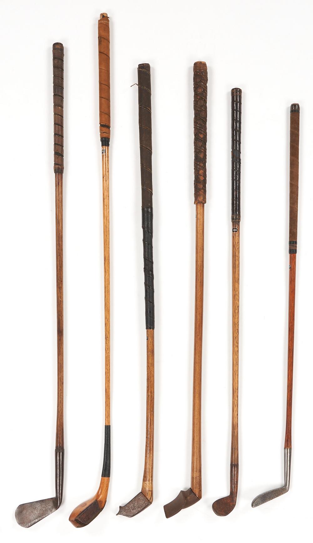 Collection of 6 Wood Shaft Antique Chole and Golf Clubs sold by Case Antiques, Inc. Auctions & Appraisals, lot 627 — auction record photograph