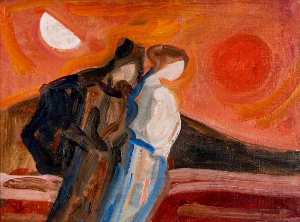 Trento Longaretti comparable auction result: trento longaretti famiglia in cammino con cielo rosso