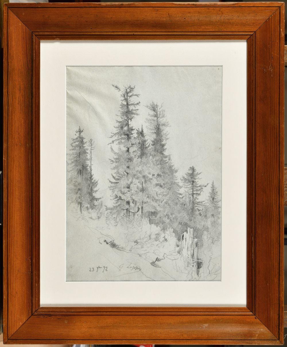 Gabriel Loppé comparable auction result: gabriel lopp 1825 1913 etude de sapins dans les montagnes dessin au crayon sign et dat
