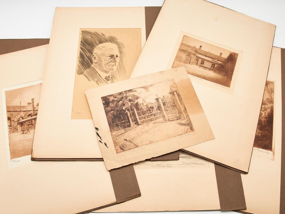 Cyril Dillon comparable auction result: cyril dillon a suite of four 1930s etchings and one lithograph relating to wesley college melbourne signed and editioned each in
