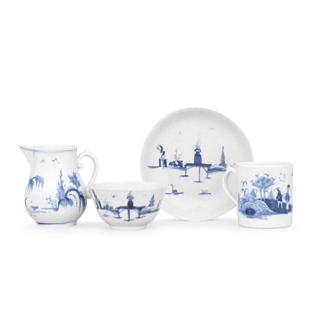 A Liverpool (William Reid) teabowl and saucer, a coffee can and a milk jug, circa 1756-60 sold by Bonhams, lot 370 — auction record photograph