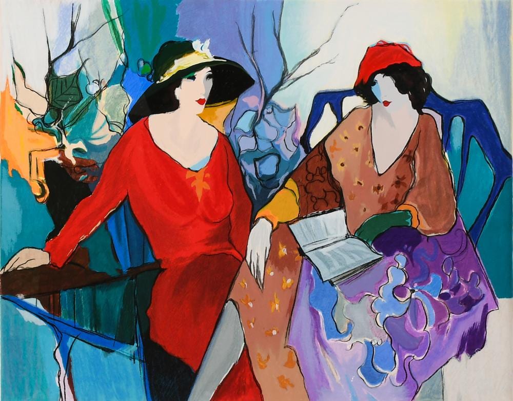 Colorful illustration of two women seated outdoors, one in a red dress and one in a patterned dress, with trees in the background.