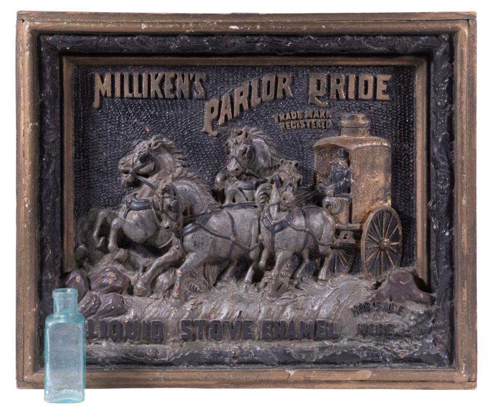 MILLIKEN'S STOVE ENAMEL DIORAMA & PRODUCT BOTTLE sold by Thomaston Place Auction Galleries, lot 3032 — auction record photograph