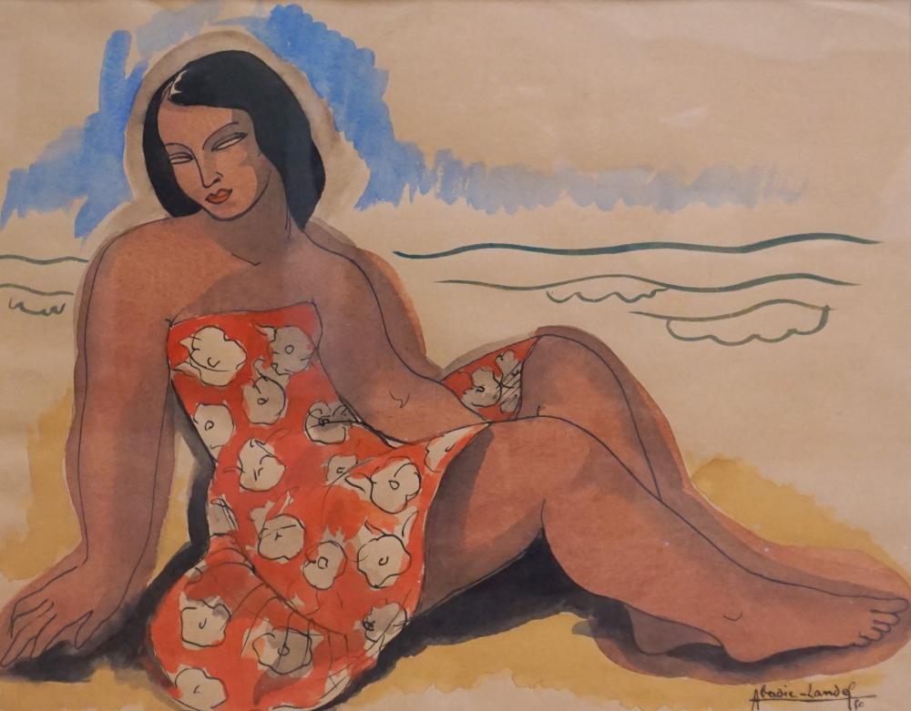 pierre abadie landel french 1896 1972 portrait of a woman on the beach 1950 mixed media on paper frame 20 3 4 x 24 3 4 in 52 7 x 62 9 cm · Weschler's · 2023-06-13 Pierre Abadie-Landel comparable auction result: pierre abadie landel french 1896 1972 portrait of a woman on the beach 1950 mixed media on paper frame 20 3 4 x 24 3 4 in 52 7 x 62 9 cm