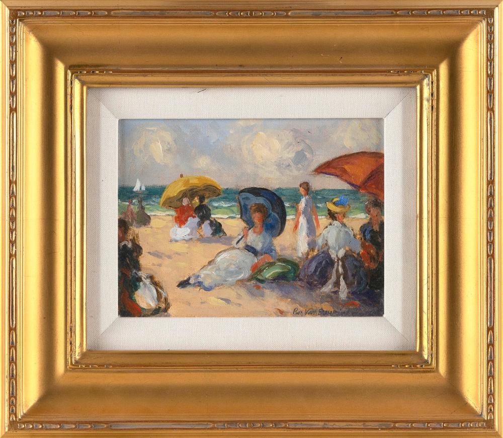 Ron Van Sweringen comparable auction result: ron lee van sweringen virginia florida 1936 2016 back bay depicting figures on the beach oil on canvas board 6 x 8 framed 12 x 14