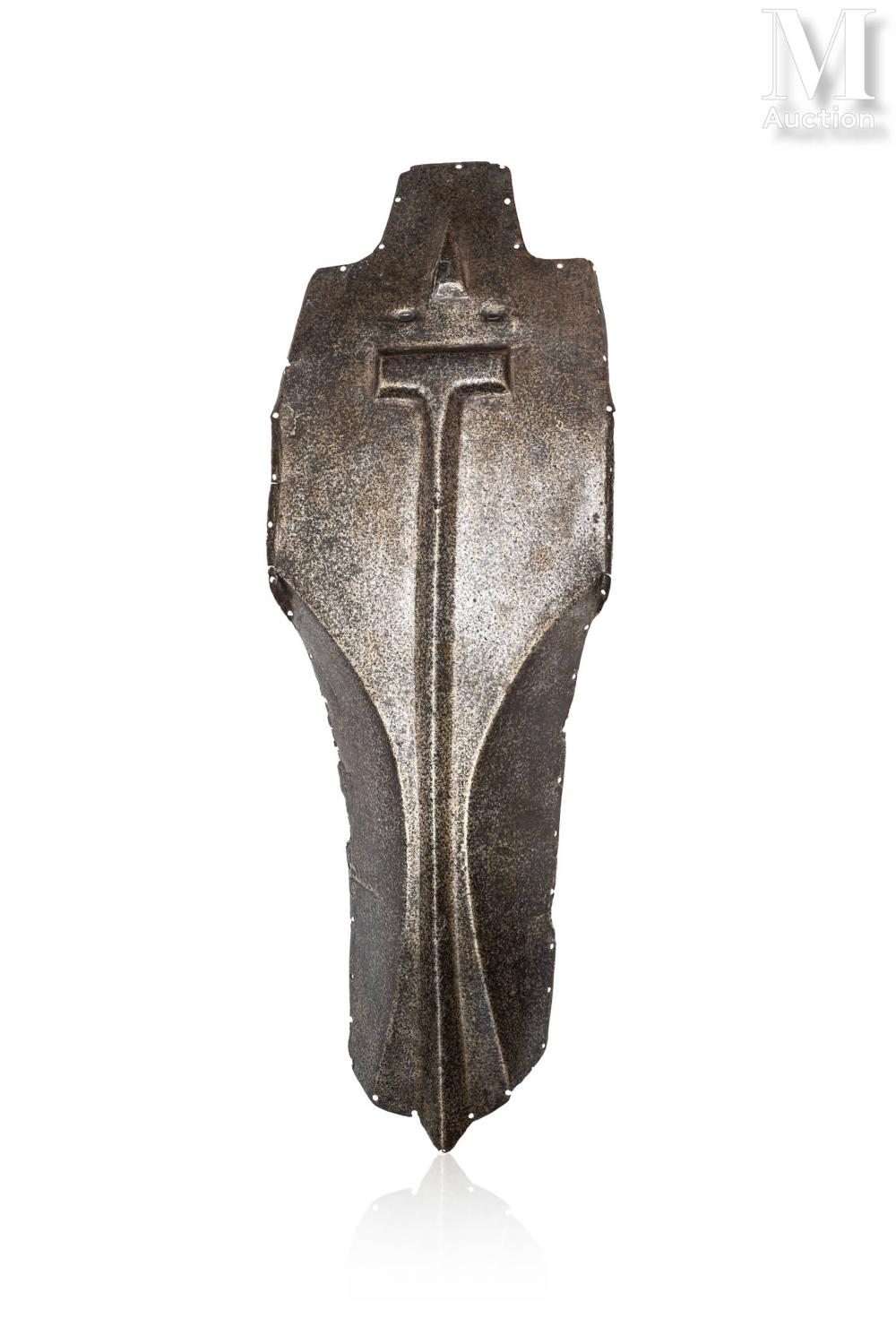 Metal horse harness face plate with a central cross-like crest and two side cutouts, dark brown with silvery highlights, shown on a white background.