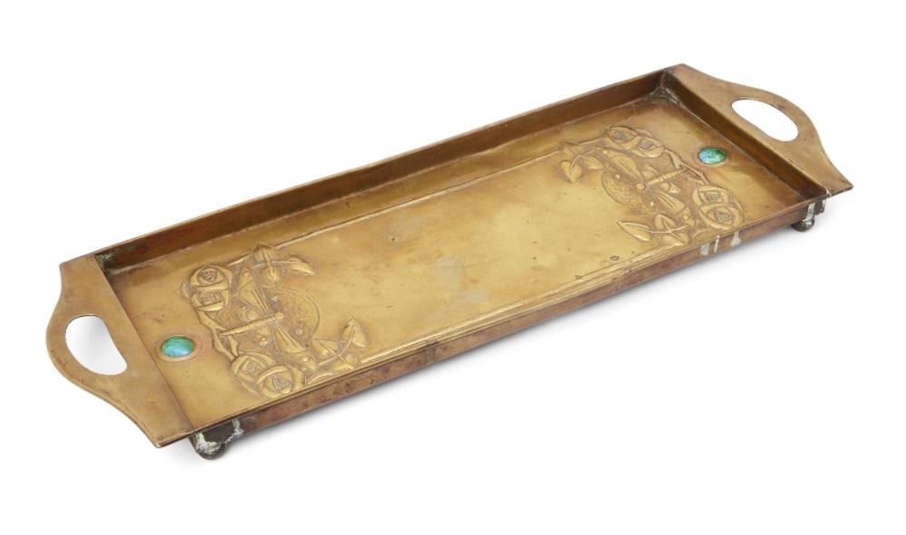 Margaret Gilmour comparable auction result: margaret gilmour 1863 1942 glasgow school two handled tray with butterf