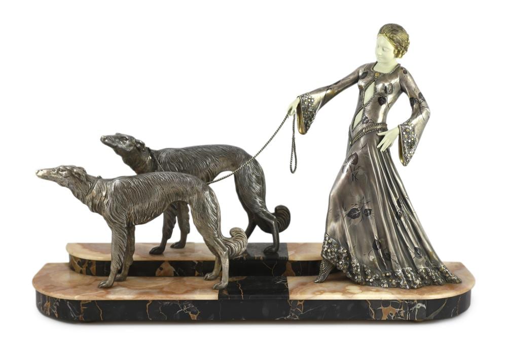Georges Gori comparable auction result: georges gori french 1894 1944 an art deco silvered bronze spelter and composition group of an elegant lady and two borzoi 80cm wide 20cm deep 51cm high