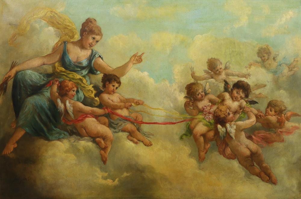 charles augustus henry lutyens 1829 1915 venus and cherubs amongst clouds oil on canvas 76 x 113cm · Gorringes · 2023-06-27 Charles Augustus Henry Lutyens comparable auction result: charles augustus henry lutyens 1829 1915 venus and cherubs amongst clouds oil on canvas 76 x 113cm