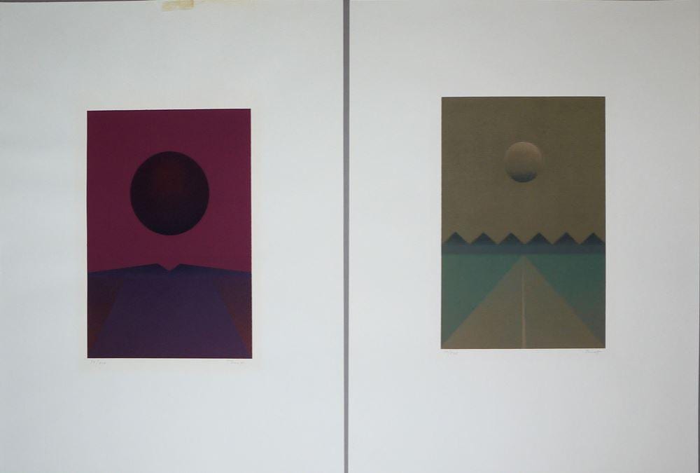 Fritz Ruoff comparable auction result: fritz ruoff geometrische landschaften zwei farbserigraphien von 4 1974 78