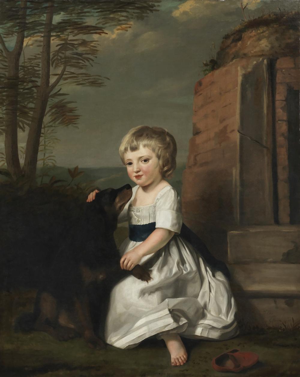 George James comparable auction result: george james active england 1755 1795 portrait of sir frederick morton eden as a child seated on a stone step patting a dog s head wearing a white dress and red slippers