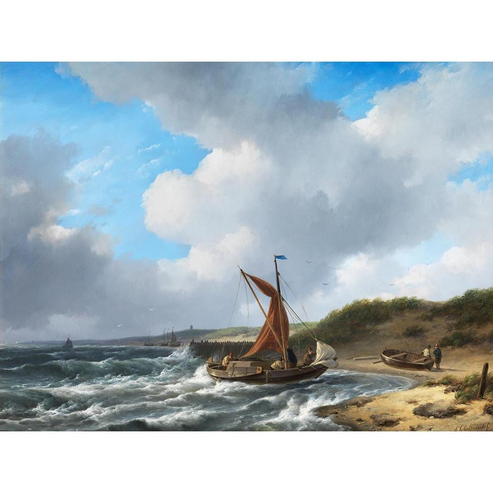 A small sailing boat with a brown sail near a sandy shoreline while choppy waves and clouds fill the seascape.
