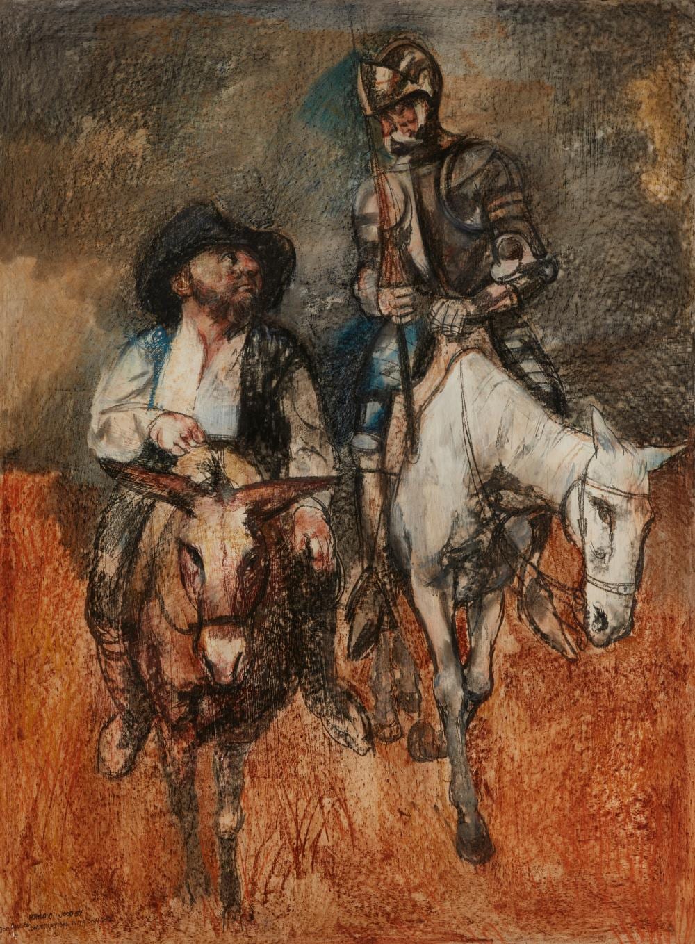 Harold Wood comparable auction result: harold wood 1918 2004 don quixote conversation with sancho mixed media on masonite circa 1950 46 h x 34 w