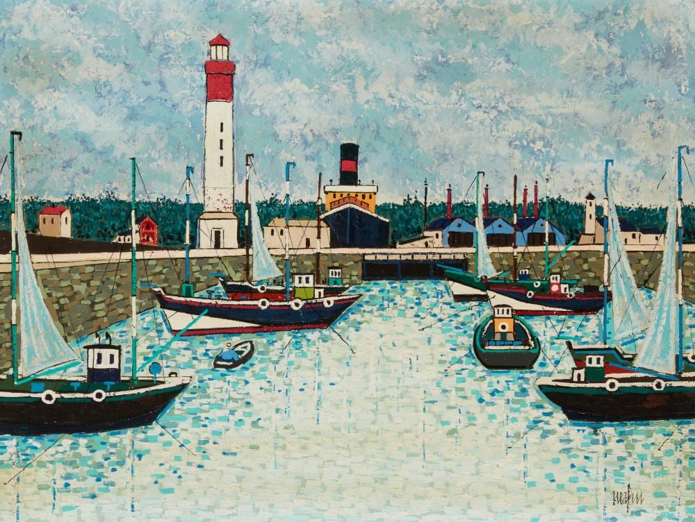 Jean Nerfin comparable auction result: jean nerfin 1922 2018 lighthouse with sailboats in a harbor oil on canvas 24 h x 18 w