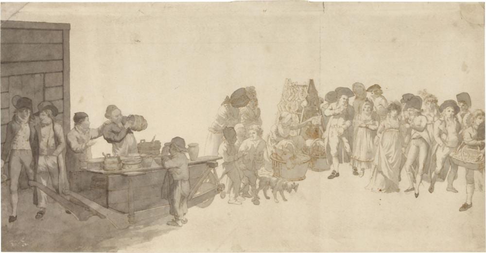 Claude-Louis Desrais comparable auction result: a busy market scene