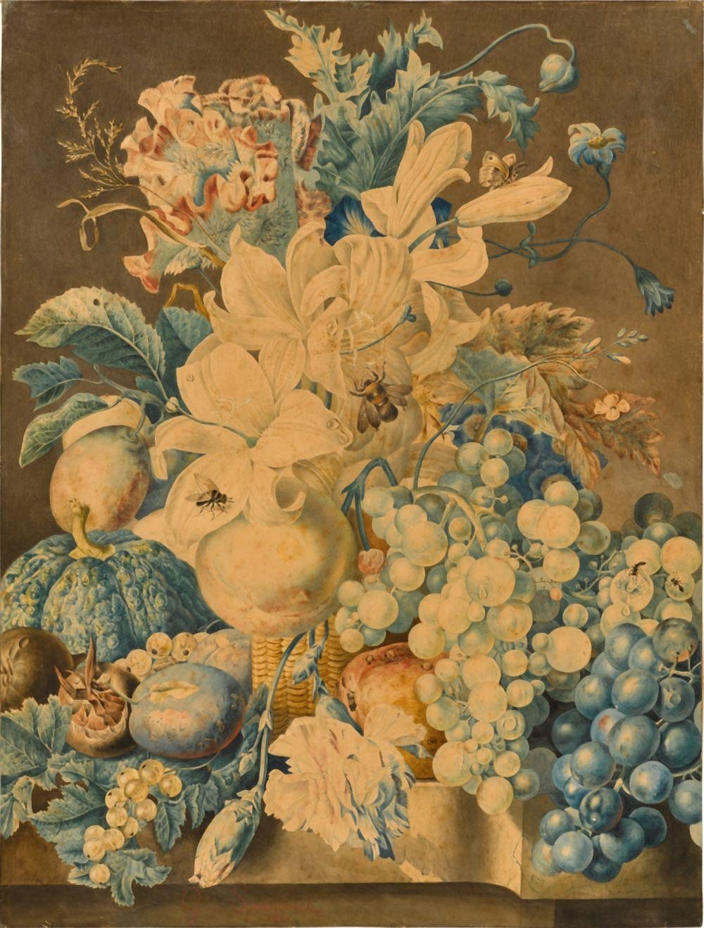 still life with flowers and fruit in a basket · Sotheby's · 2023-07-06 Gerardus van Spaendonck comparable auction result: still life with flowers and fruit in a basket