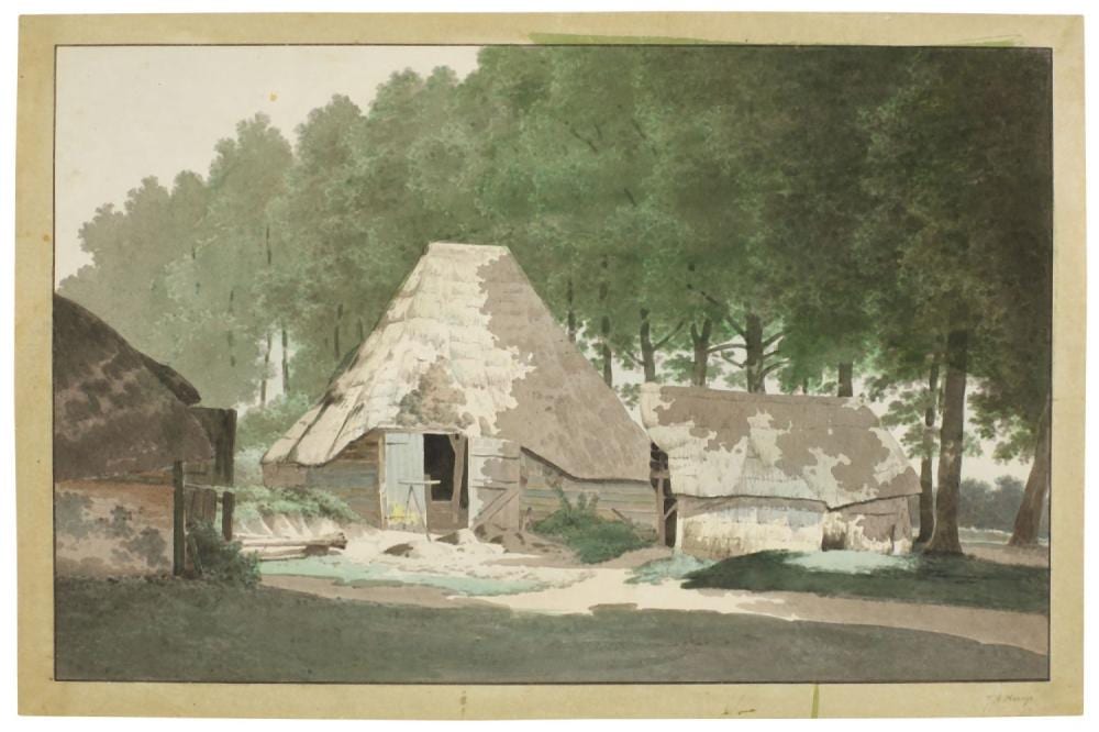 Joseph August Knip comparable auction result: farm buildings in a wood