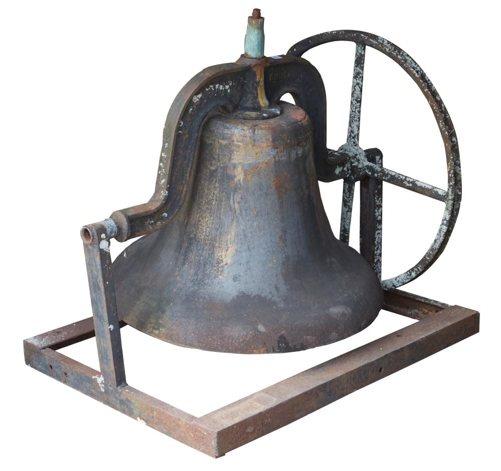 Rare Large Cast Iron Church Tower Bell, H.- 48 1/2 in., Dia.- 36 in., Stand- W.- 4 in., H.- 48 1/2 in., D.- 38 1/2 in. sold by Crescent City Auction Gallery, lot 874 — auction record photograph