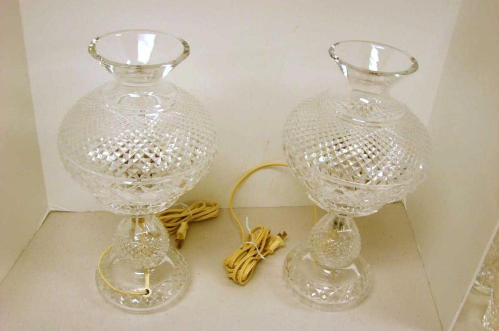 2 Waterford Crystal Electric Hurricane Lamps 13" sold by Gulfcoast Coin and Jewelry, lot 9 — auction record photograph