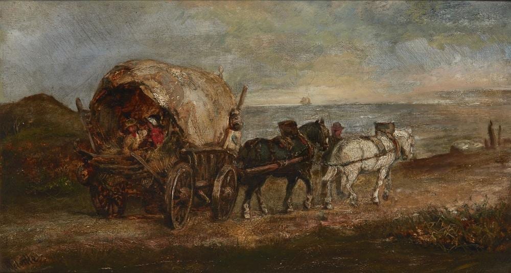 Harden S. Melville comparable auction result: harden sidney melville horses pulling a cart along the shoreline