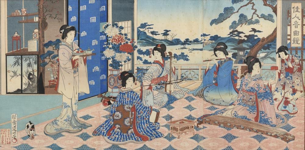 Watanabe Nobukazu comparable auction result: watanabe nobukazu 1872 1944 music contest of beauties triptych of woodcut signed