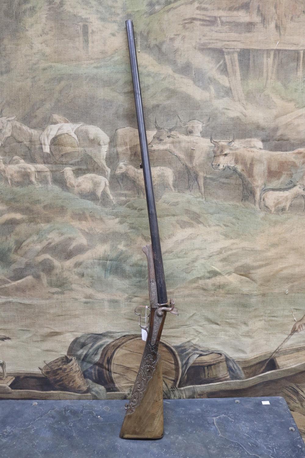 Antique double barrel, mule ear shot gun. by Bernard, Decorative carved walnut stock, No Licence required NSW pre 1900 firearm ammunition not commercially available sold by Vickers & Hoad, lot 1629 — auction record photograph