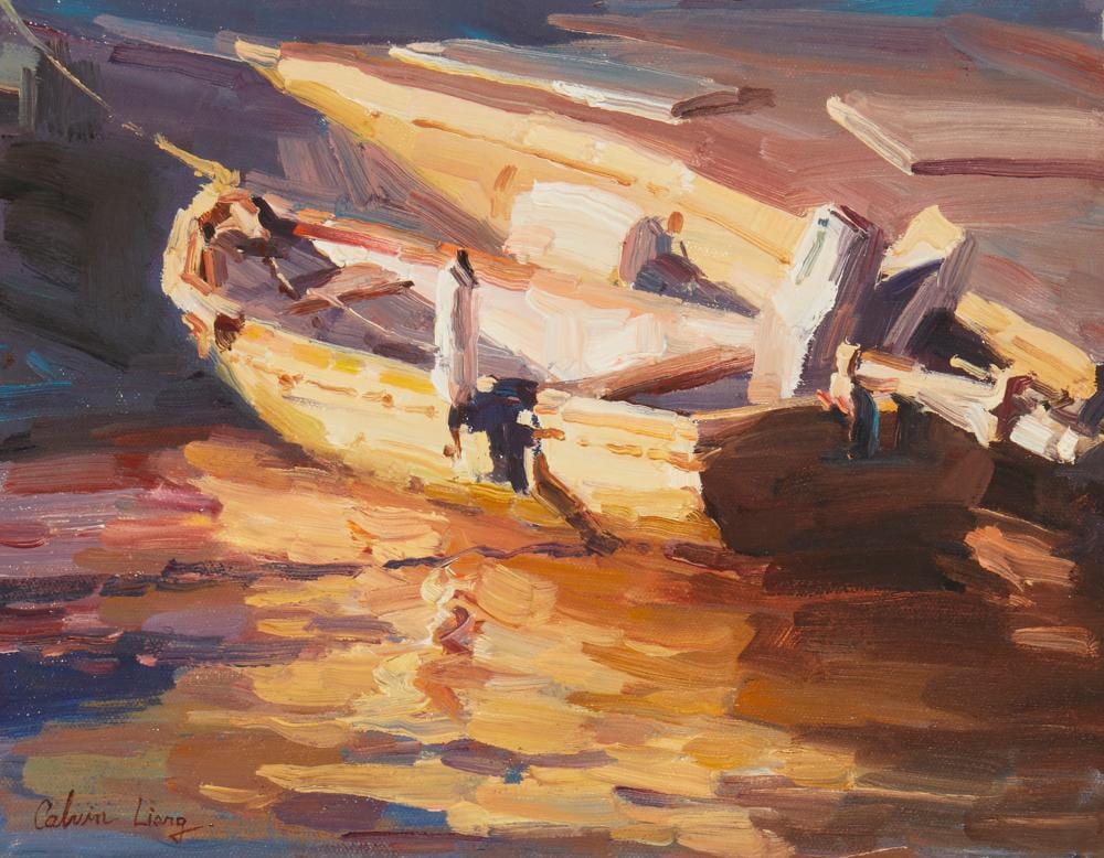 Calvin Liang comparable auction result: calvin liang b 1960 the boat in newport beach oil on canvas 9 h x 12 w
