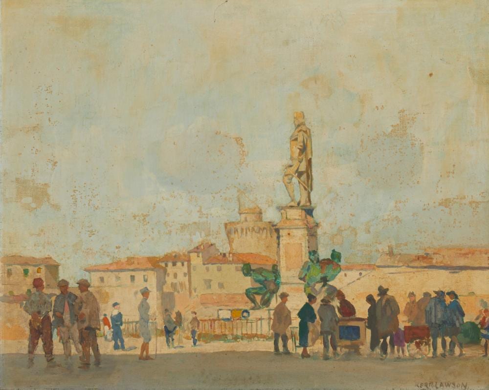 James Kerr-Lawson comparable auction result: james kerr lawson 1865 1939 people in a city courtyard oil on canvasboard 13 h x 16 w