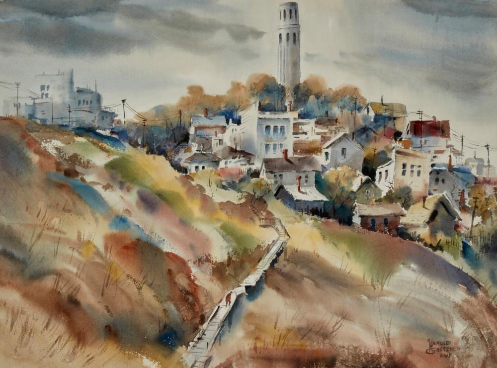 harold gretzner 1902 1977 coit tower 1960 and house in the forest watercolor on double sided paper sight of recto 20 75 h x 27 875 w sight of verso 21 h x 27 875 w · John Moran Auctioneers · 2023-07-18 Harold Gretzner comparable auction result: harold gretzner 1902 1977 coit tower 1960 and house in the forest watercolor on double sided paper sight of recto 20 75 h x 27 875 w sight of verso 21 h x 27 875 w