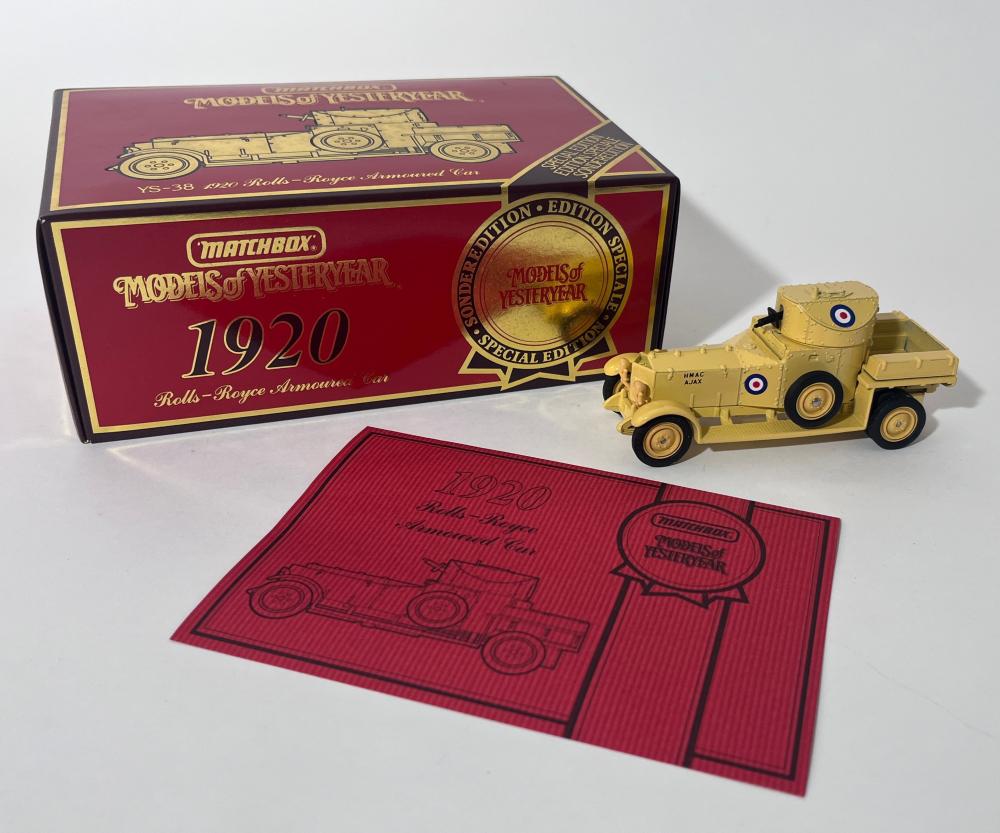Matchbox Models of Yesteryear 1920 Rolls-Royce armored car diecast model shown with its red presentation card and box.