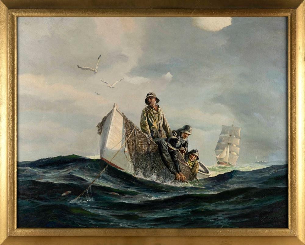 chester k van nortwick massachusetts new hampshire rhode island 1881 1944 hauling nets oil on board 30 x 38 framed 34 5 x 42 5 · Eldred's · 2023-07-28 Chester K. Van Nortwick comparable auction result: chester k van nortwick massachusetts new hampshire rhode island 1881 1944 hauling nets oil on board 30 x 38 framed 34 5 x 42 5