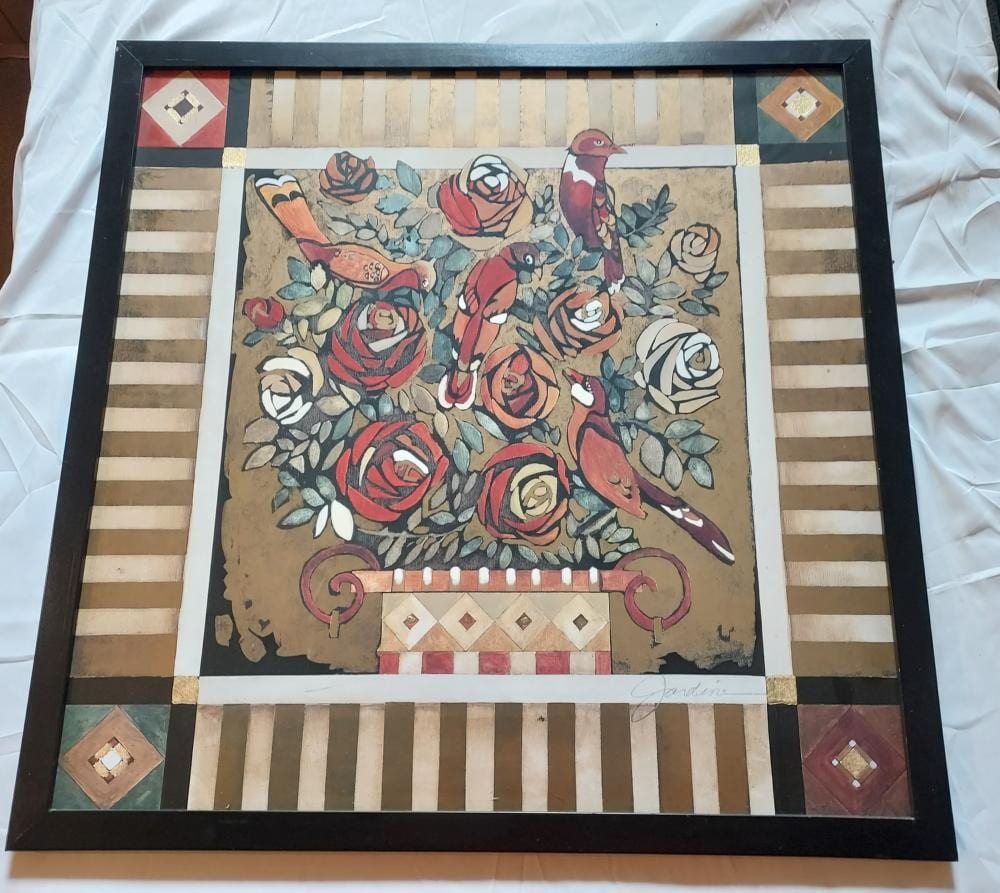 Elizabeth Jardine comparable auction result: liz jardine embellished lithograph still life birds and flowers circle of friends