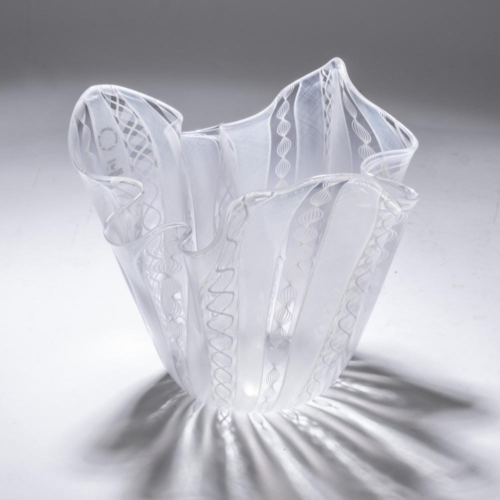 Venini Murano art glass mid century Fazzoletto Handkerchief Vase Fulvio Bianconi ''Fazzoletto Zanfirico'', Venini Handkerchief Vase, 1983 7"H x 9"W sold by Collective Hudson, LLC, lot 252 — auction record photograph