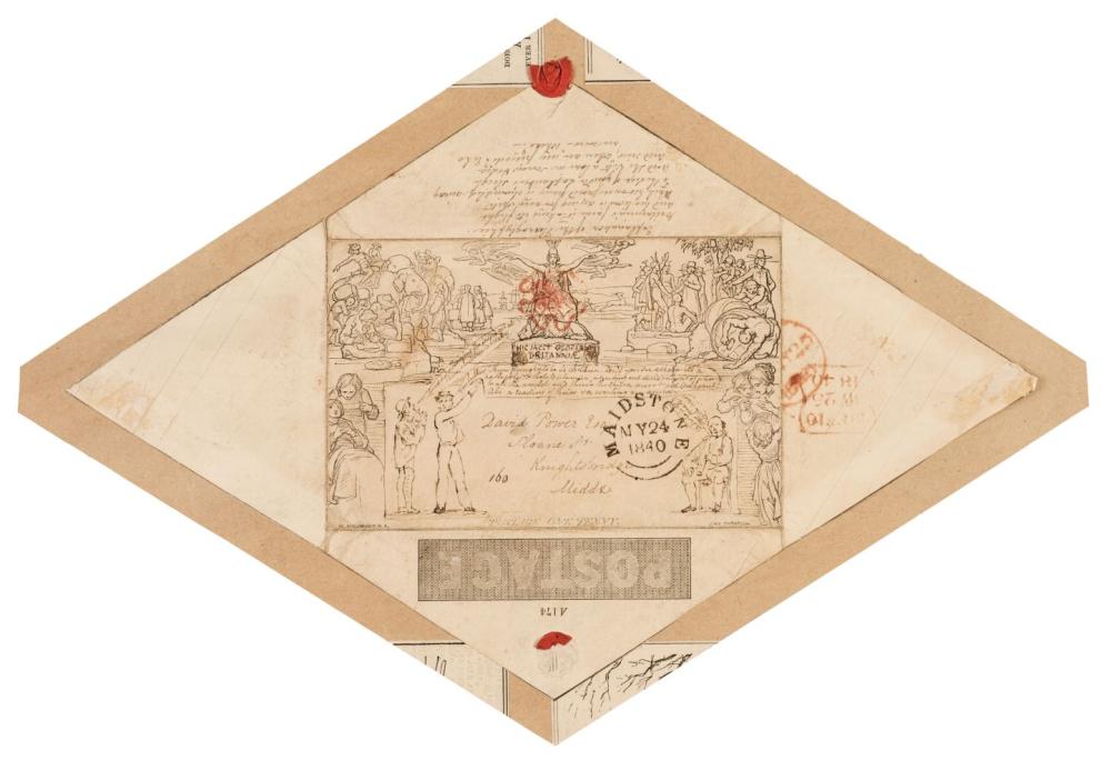 Mulready Cover. A Mulready one penny envelope with added manuscript caricatures and verse sold by Dominic Winter Auctions, lot 311 — auction record photograph
