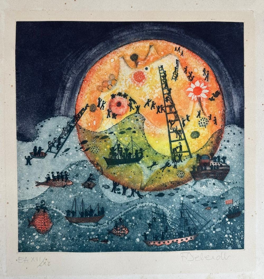 fran oise deberdt france 1934 abstract of the sun setting into the sea lithograph on paper 15 5 x 14 5 unframed · Eldred's · 2023-07-21 Françoise Deberdt comparable auction result: fran oise deberdt france 1934 abstract of the sun setting into the sea lithograph on paper 15 5 x 14 5 unframed