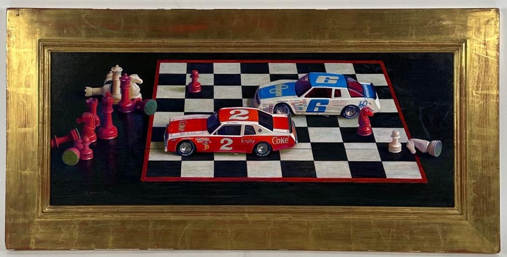 Sid Willis comparable auction result: sid willis new hampshire 1930 chess and cars oil on board 11 x 28 framed 16 5 x 33 5