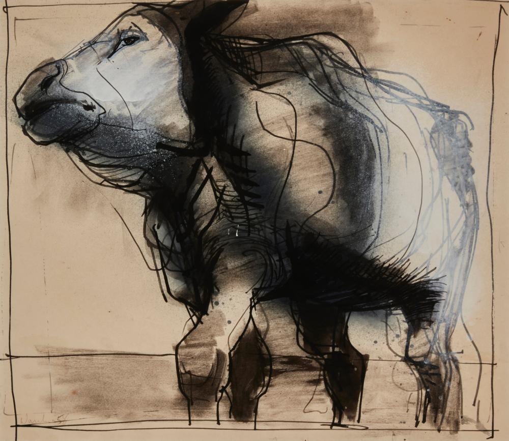 Howard Warshaw comparable auction result: howard warshaw 1920 1977 more evolved calf 1958 mixed media on paper sight 13 h x 15 w