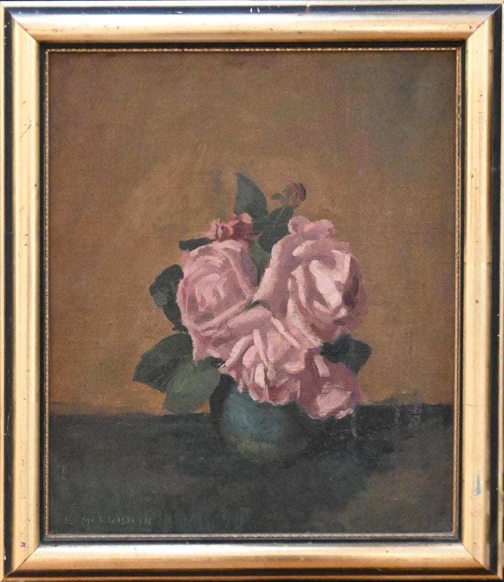 Louis McCubbin comparable auction result: louis mccubbin still life with roses oil on canvasboard signed lower left 34 x 28 5cm frame size 42 x 37cm